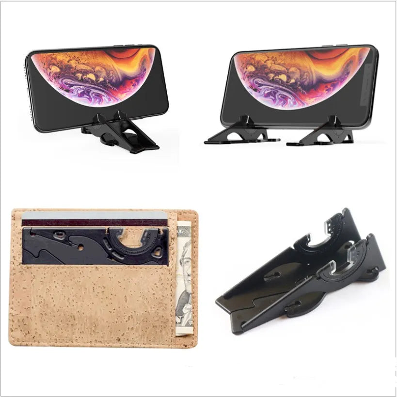 Black foldable ABS plastic mobile phone holder bracket stand on a desk