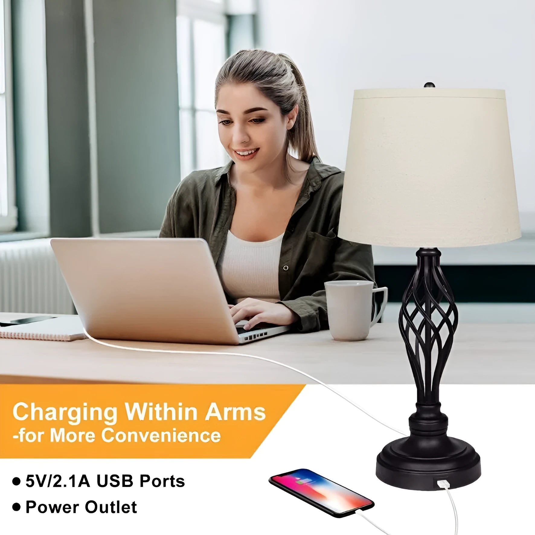 Touch sensor dimmable bedside table lamp with USB charging socket in European style alloy construction