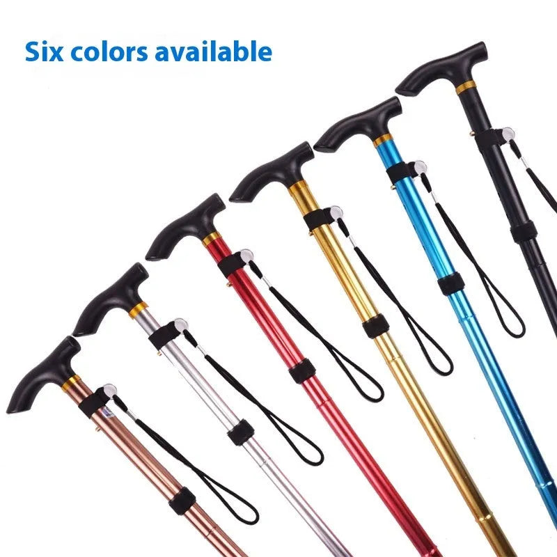 Aluminium folding walking stick extended to show height adjustment and non-slip rubber handle