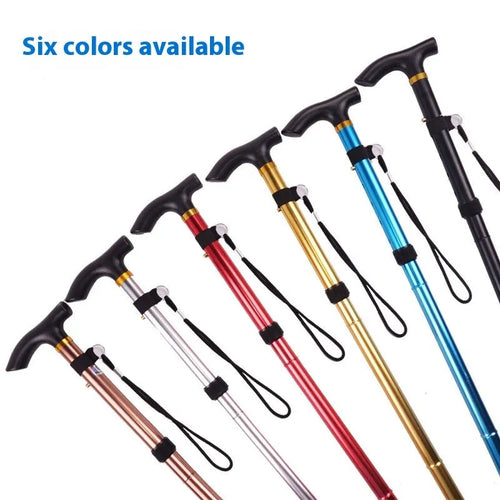 Aluminium folding walking stick extended to show height adjustment and non-slip rubber handle