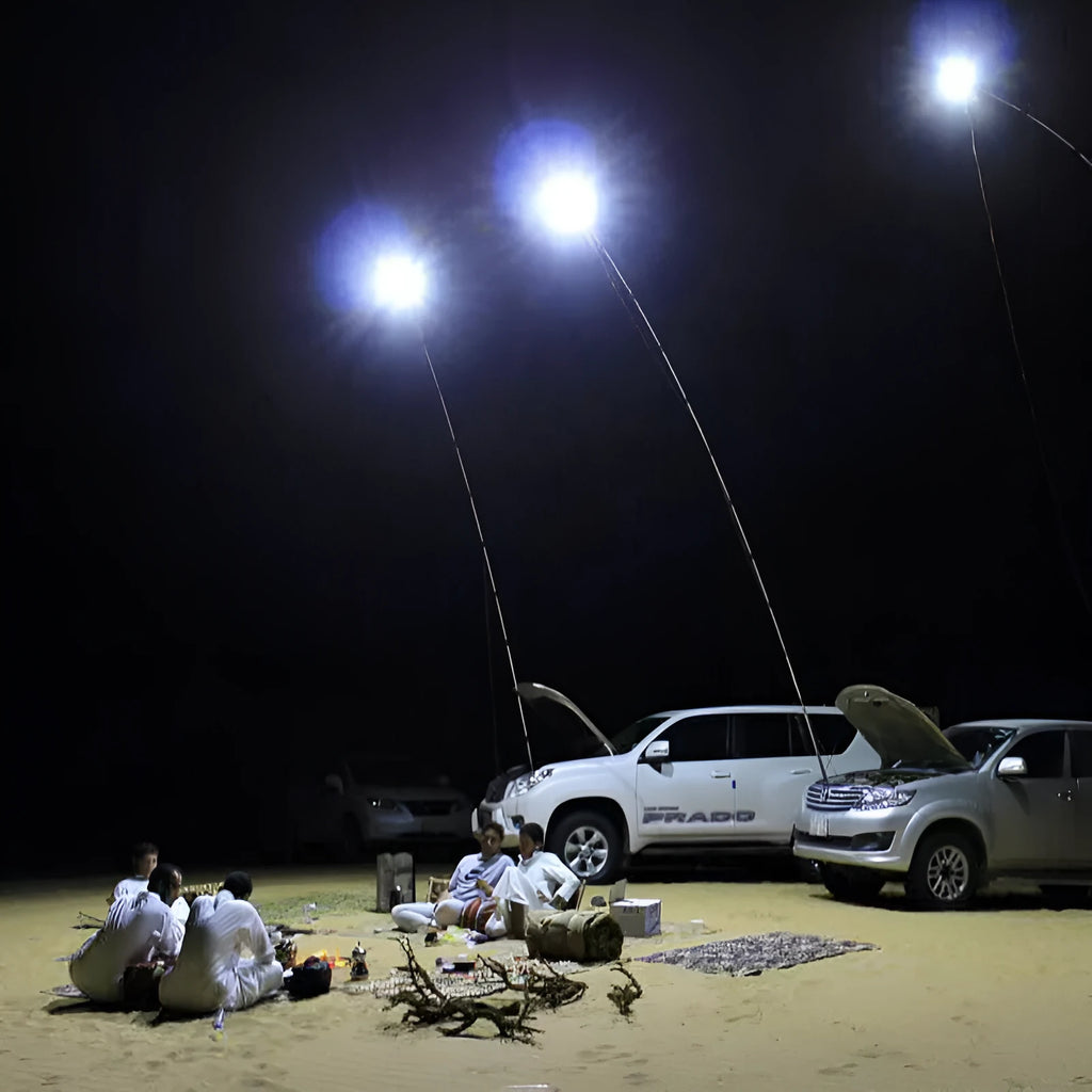 LED fishing rod light with remote controller on 5 metre telescopic pole for outdoor lighting