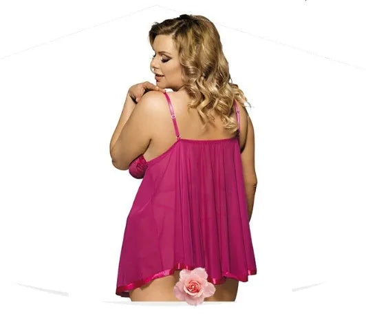 Women's plus size black mesh and lace lingerie sleep dress on a hanger.