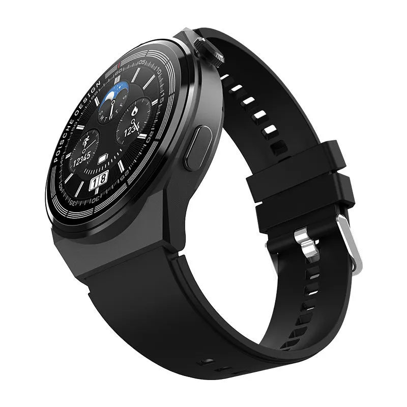 Black Bluetooth smartwatch with a circular 1.39-inch screen on a silicone strap, showing NFC payment and blood glucose monitoring interface.