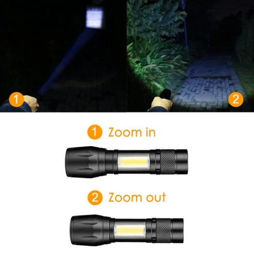Black aluminium alloy telescopic LED flashlight with pen design and carrying clip