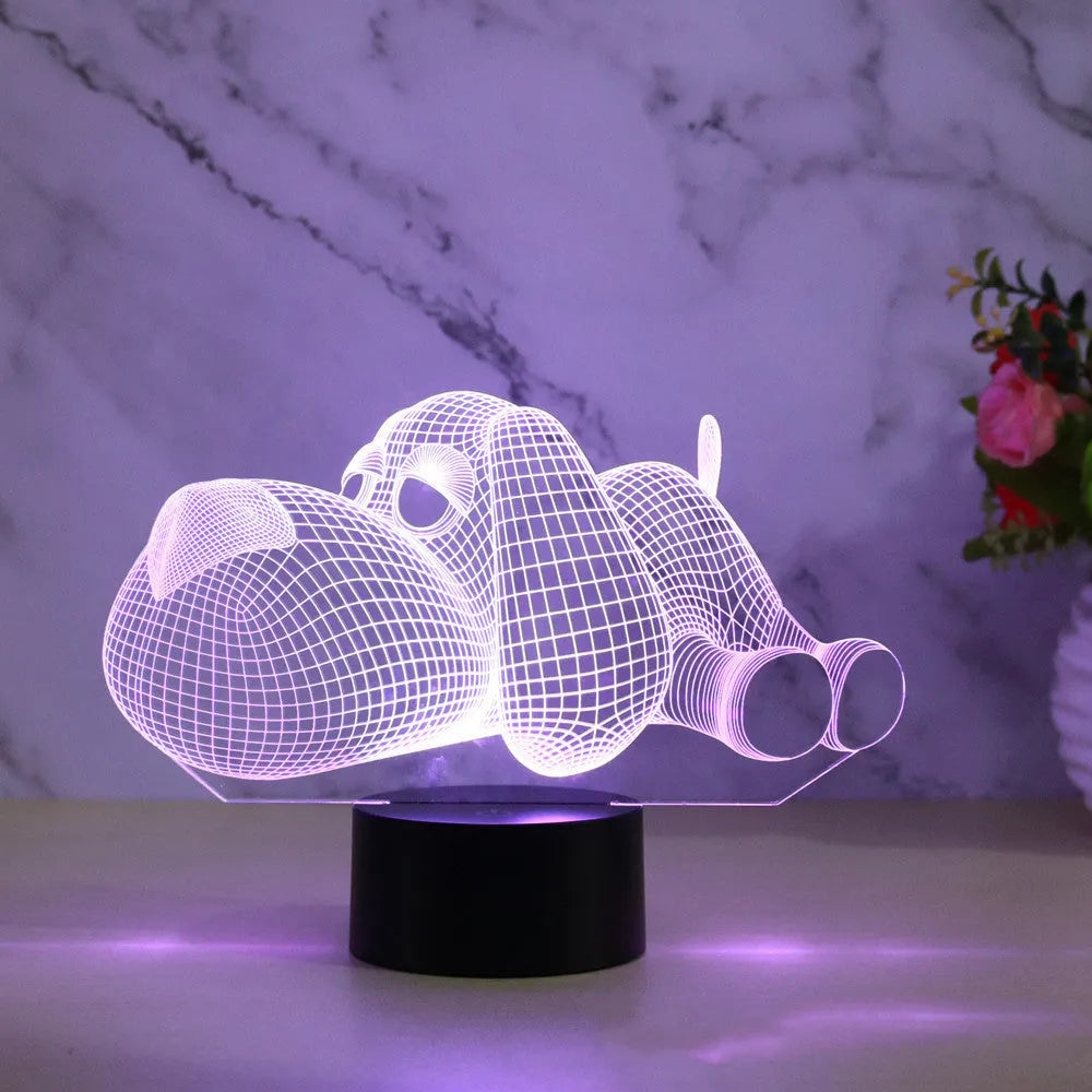 3D illusion dog desktop lamp glowing in multiple colours with USB and battery power options