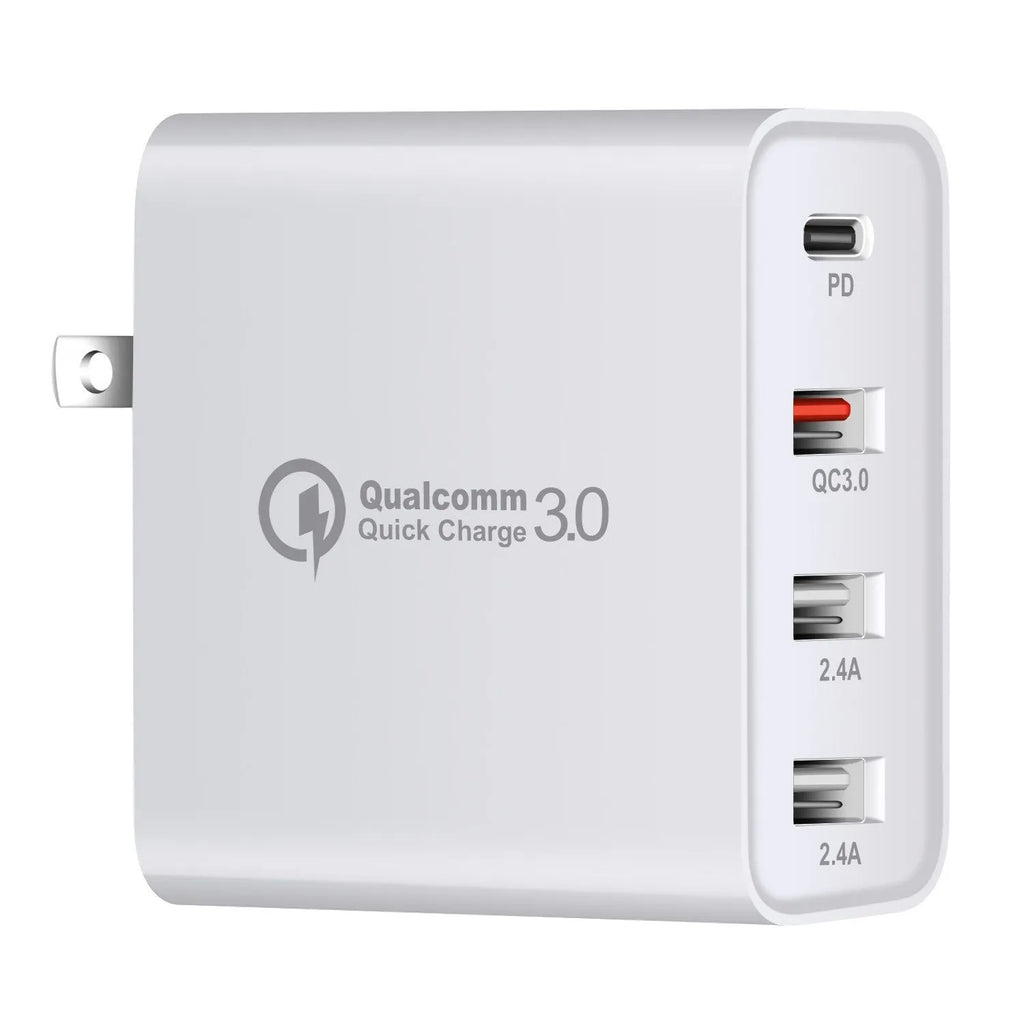 Black 48W four-port USB-C desktop charger with UK plug on a white background.