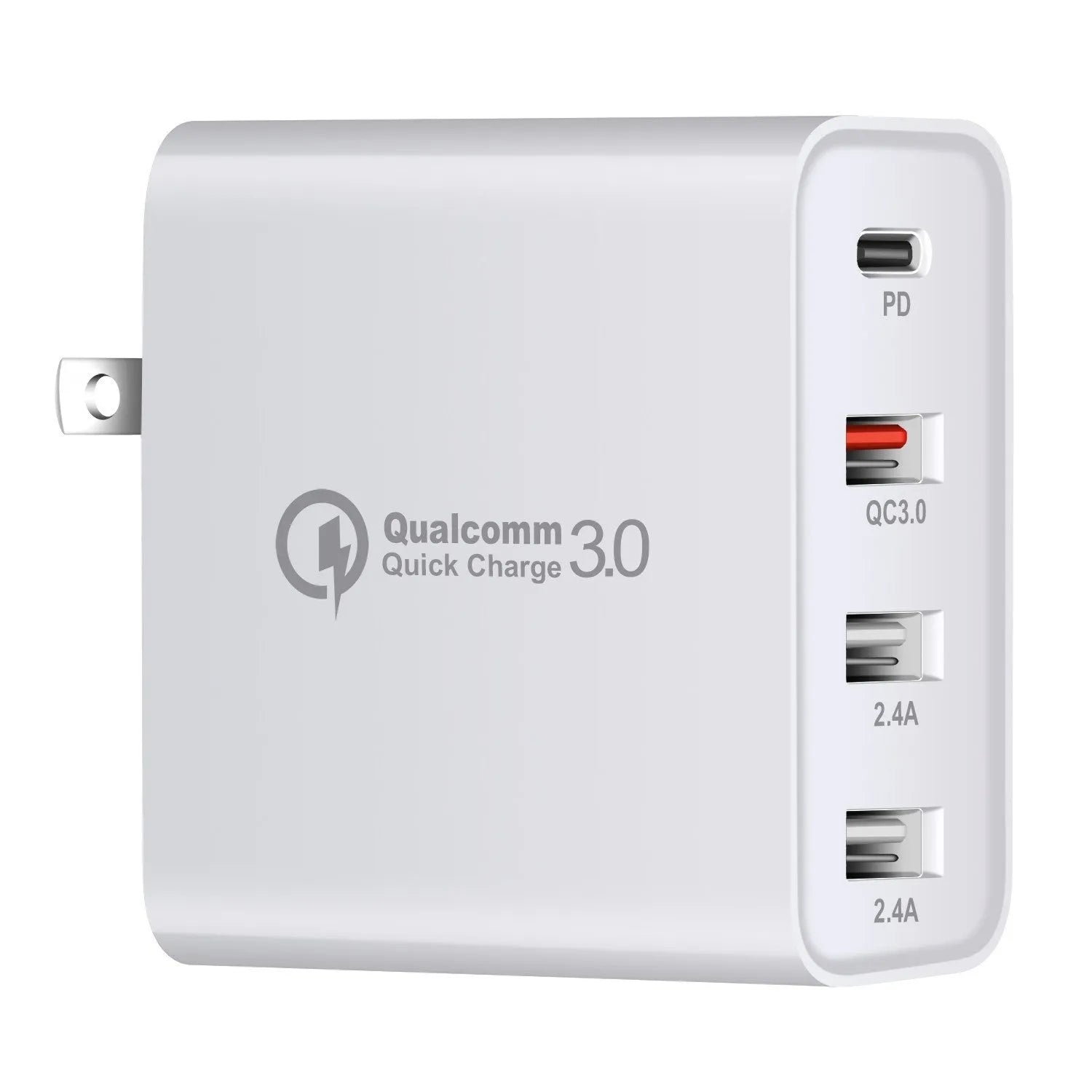 Black 48W four-port USB-C desktop charger with UK plug on a white background.