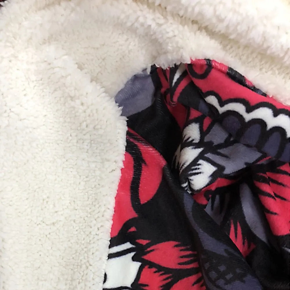 Round shape flannel burrito blanket with food-themed printing showing coral fleece texture