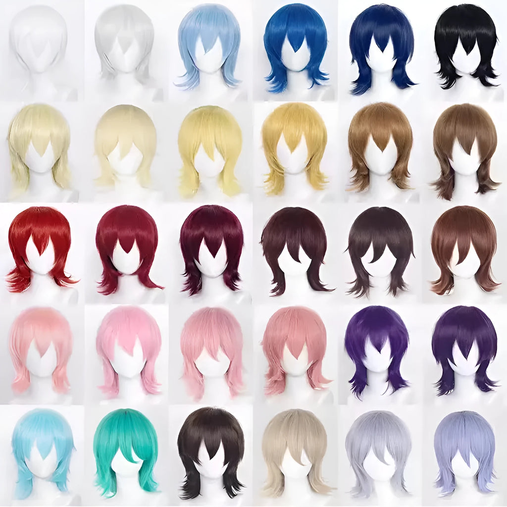 Men's short anime cosplay wig in multiple colours made from heat-resistant synthetic fibre