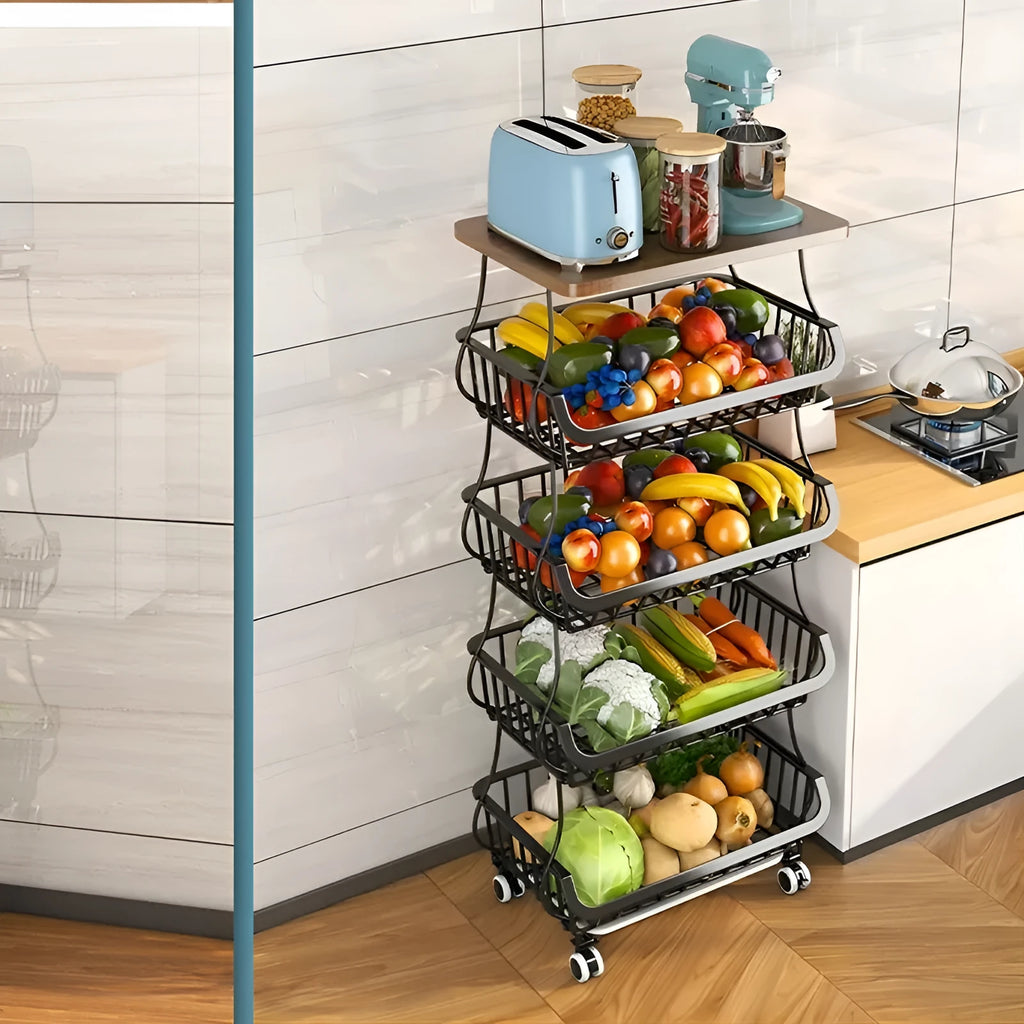 Black six-tier freestanding kitchen storage trolley with metal frame.