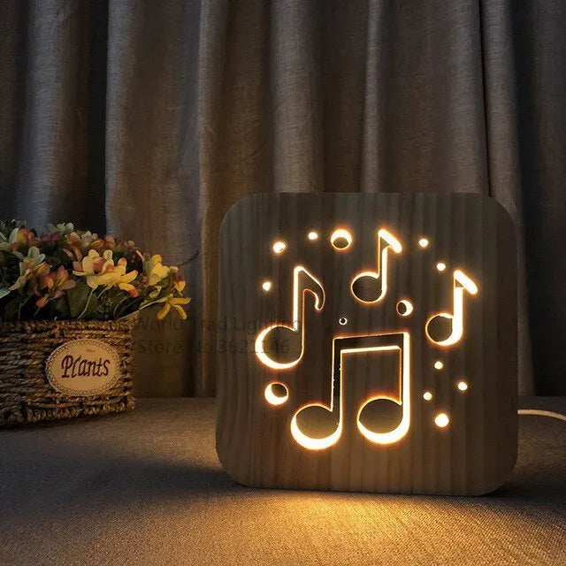Wooden LED atmosphere light with pine construction and warm white 3D illumination