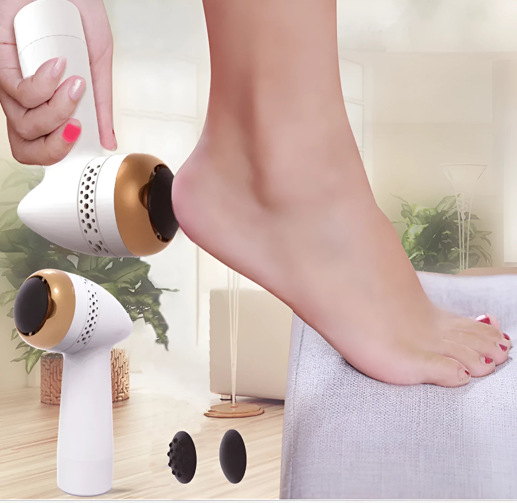Electric vacuum foot grinder with quartz head in gold colour, showing battery and callus removal function.