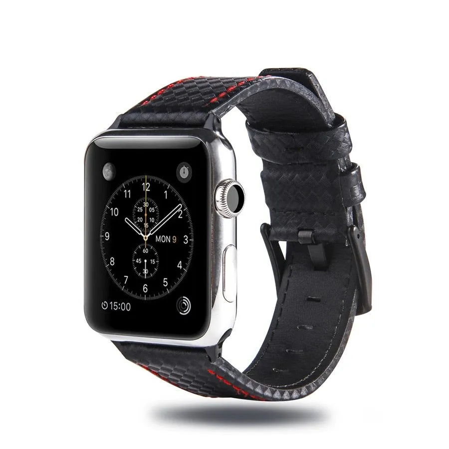Carbon fibre patterned leather iPhone strap with matching PC hard shell case in red, black, orange, and blue.