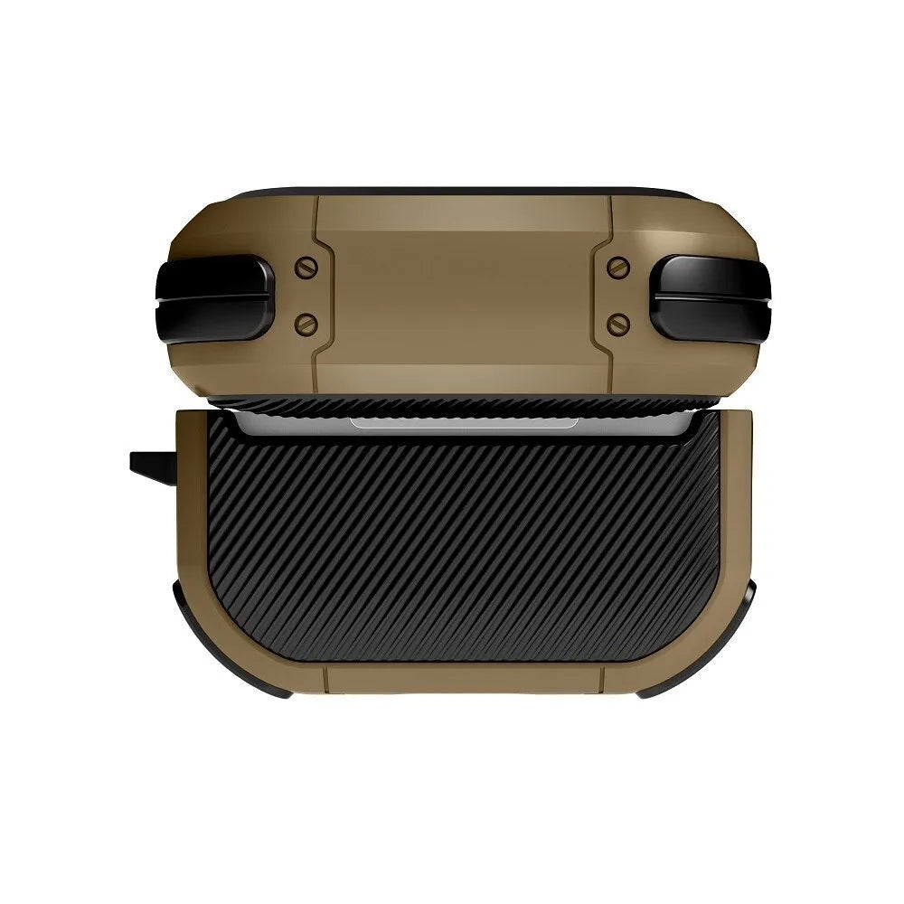 Black TPU and PC protective shell case fitted on a white Apple AirPods Pro charging case.