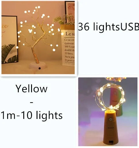 Copper wire LED string light with 20 bulbs inserted into a wine bottle for decorative lighting