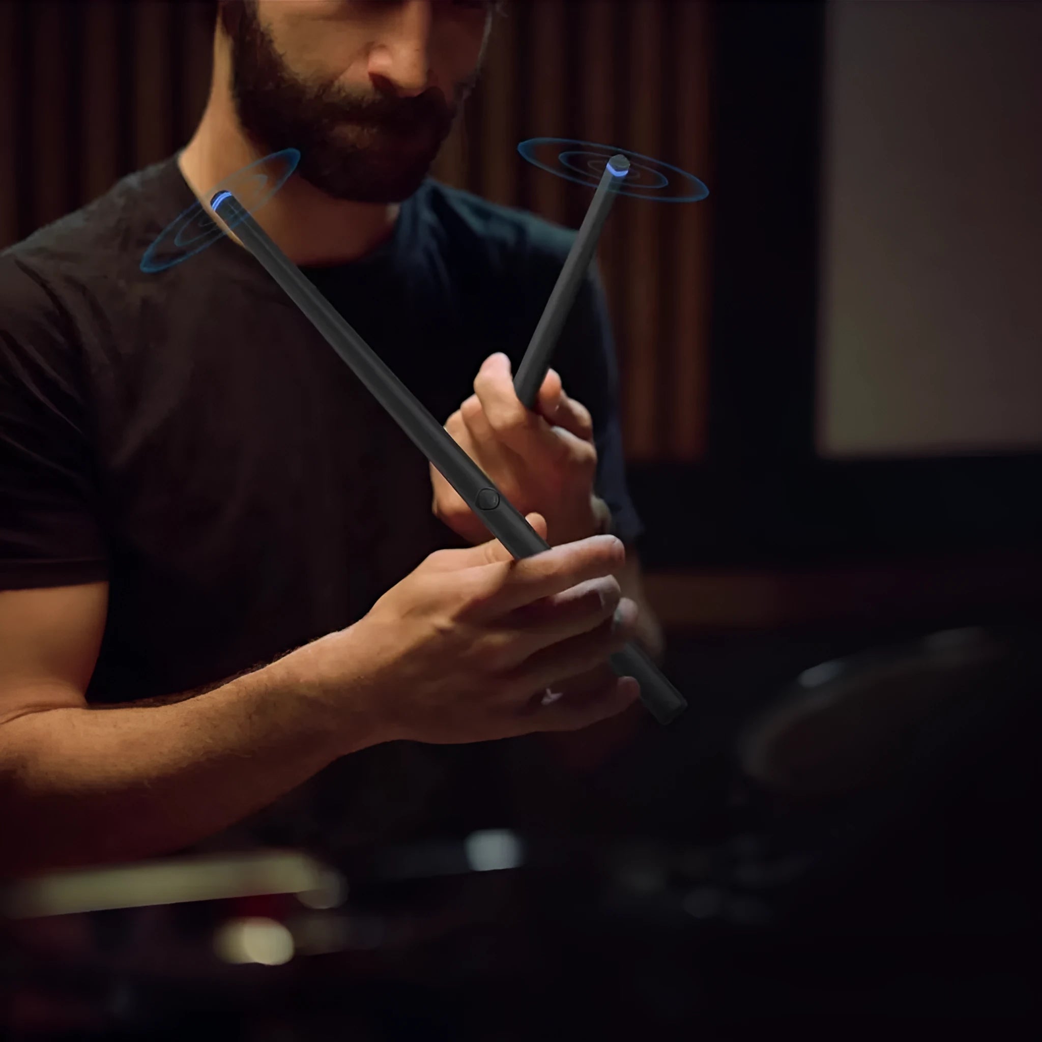 Black wireless somatosensory air drum kit virtual reality toy with LED lights and included drumsticks