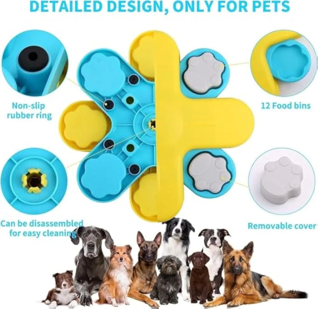 Yellow three-layer rotating dog puzzle feeder with claw-shaped lids and anti-slip rubber base