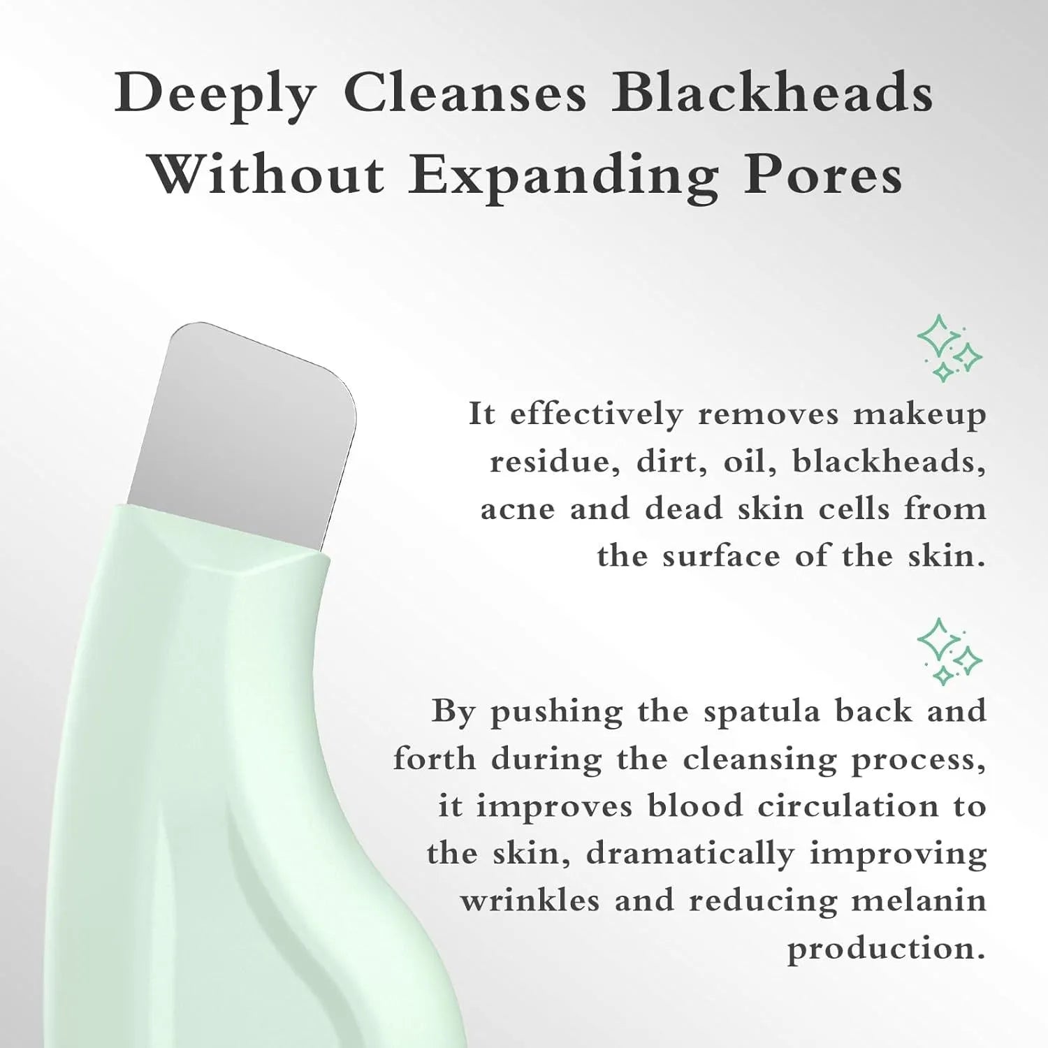 Stainless steel blackhead scraper tool with a black silicone non-slip handle on a white background.