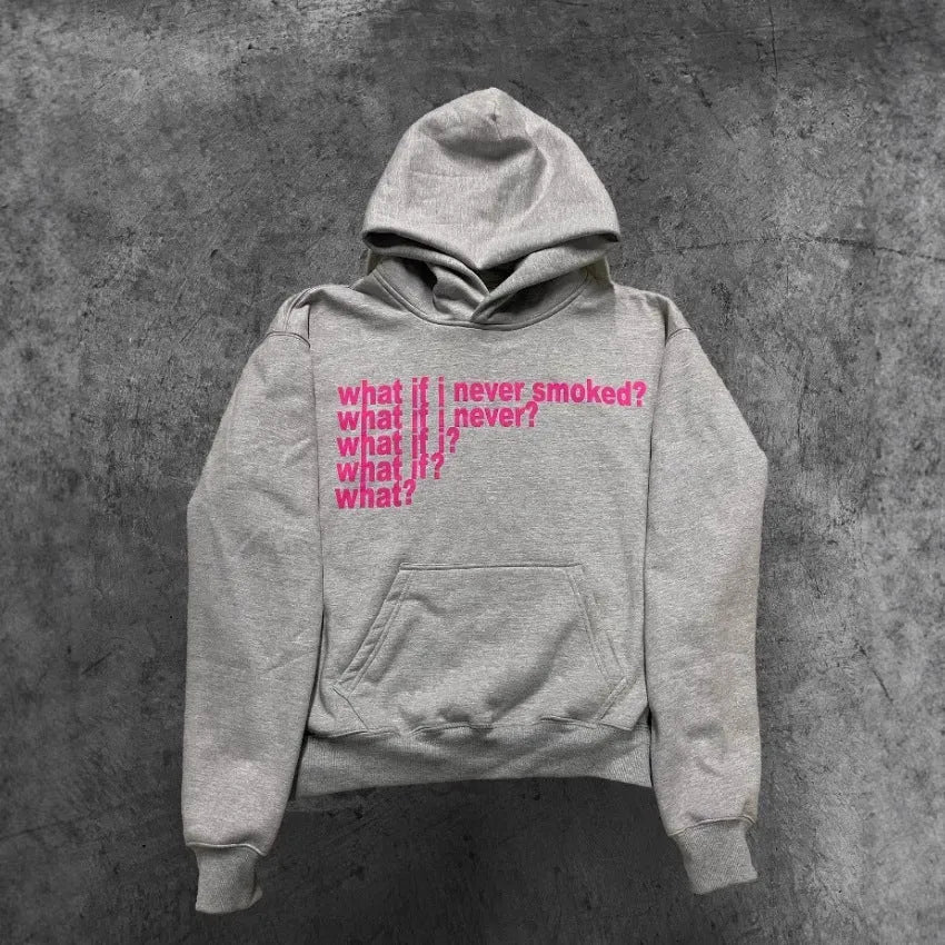 Black hooded sweater with white letter print design, showing pullover style with regular sleeves