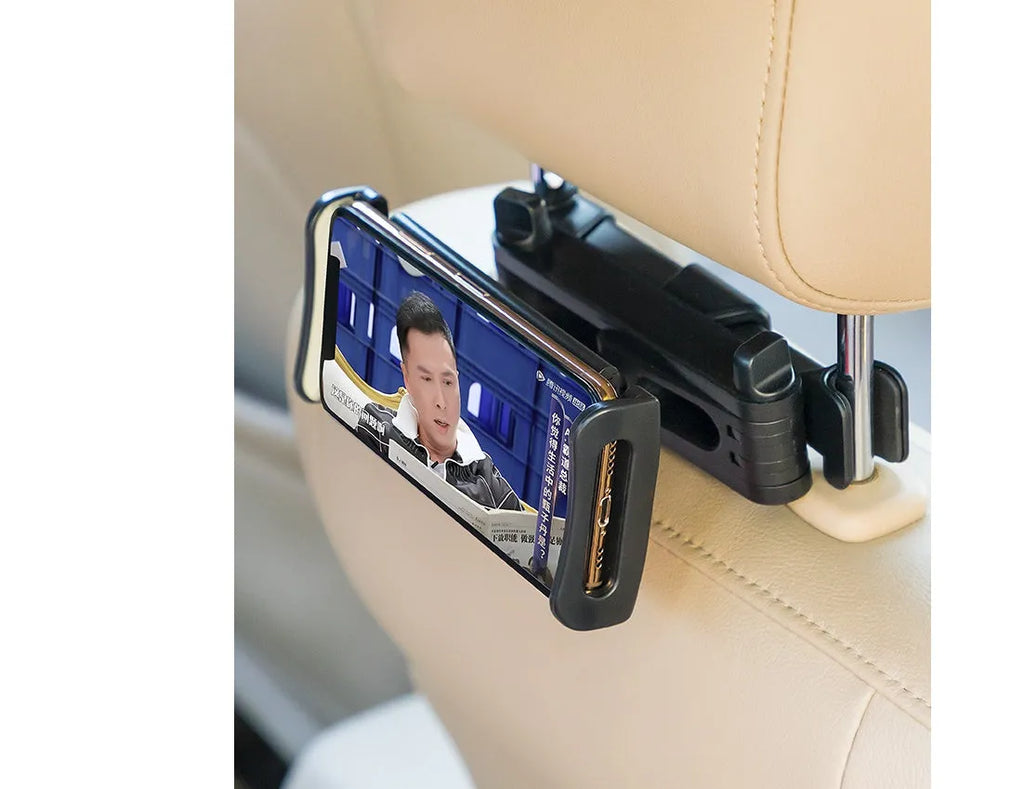 Black universal car phone holder with rear seat base mounting for tablets and phones