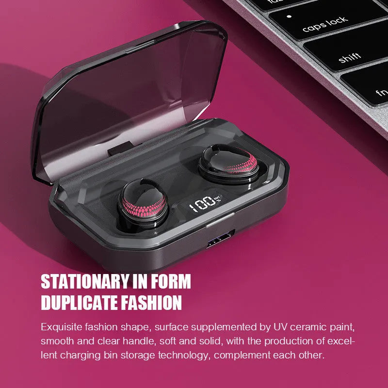 Black X10 Bluetooth headset and its compact rectangular charging case on a white background.