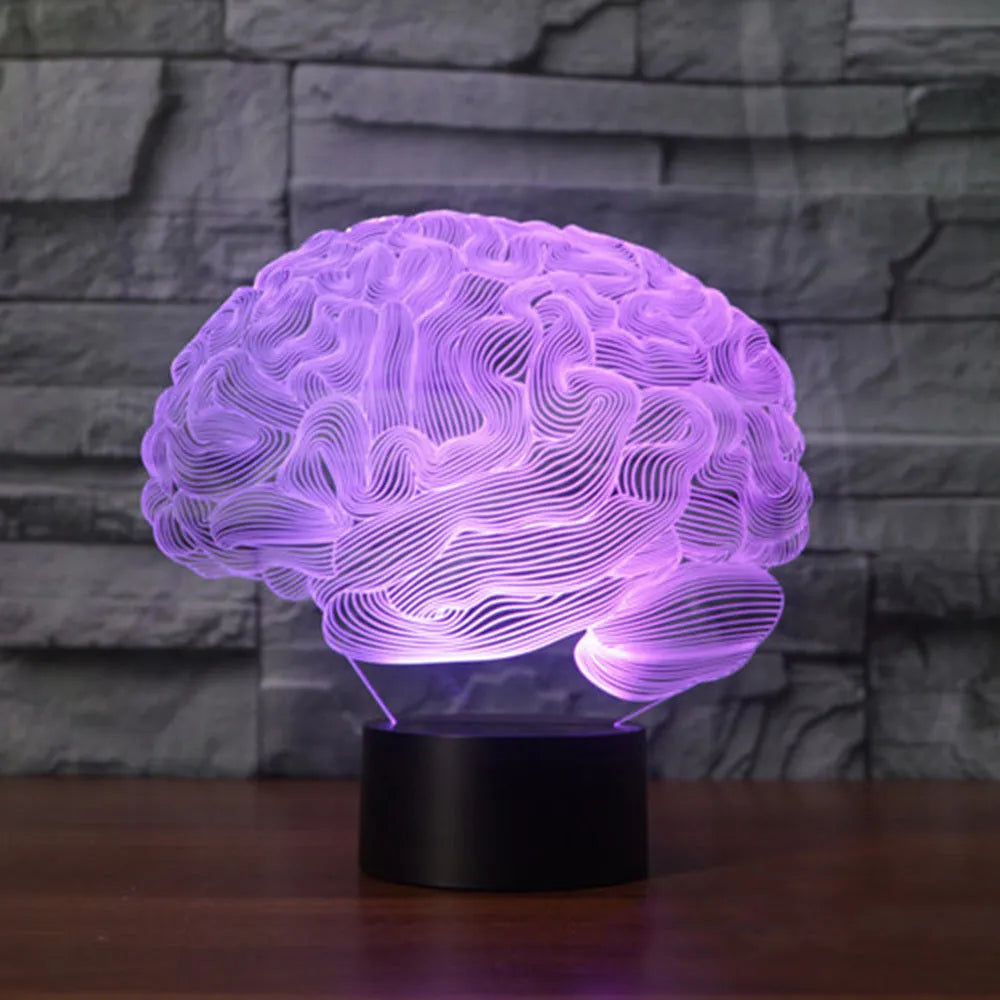 3D brain design acrylic illusion lamp with LED lights on a black ABS base, showing colourful light projection.