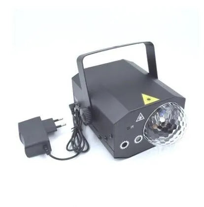 Black and white LED laser magic fan stage light with remote control on a stand.