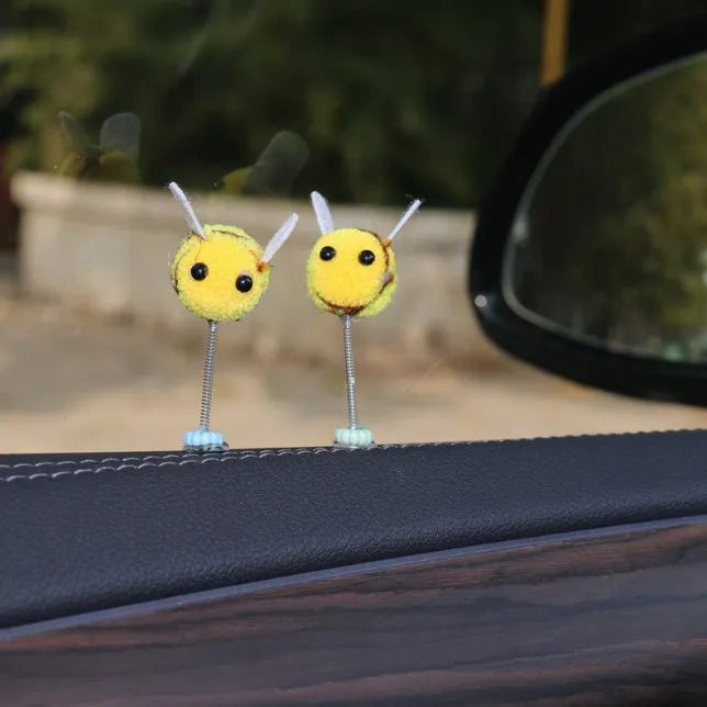 Cartoon bee car decoration with fur ball material and swing spring, 3cm size