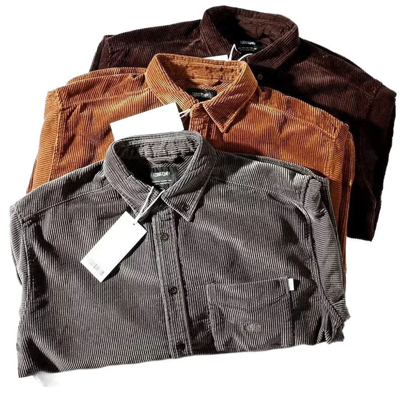 Caramel corduroy long sleeve shirt with loose Japanese Hong Kong style