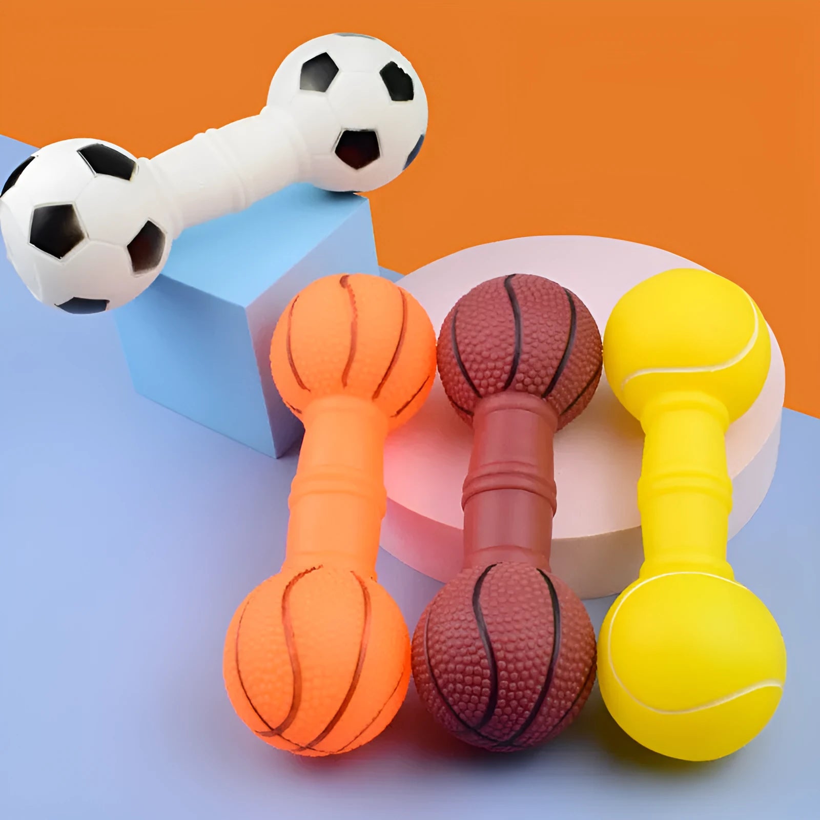 Brown, orange, white, and yellow PVC football dumbbell shaped squeaky dog chew toy.