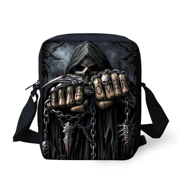 Children's medium messenger bag with skull character patterns showing double shoulder straps and zipper opening