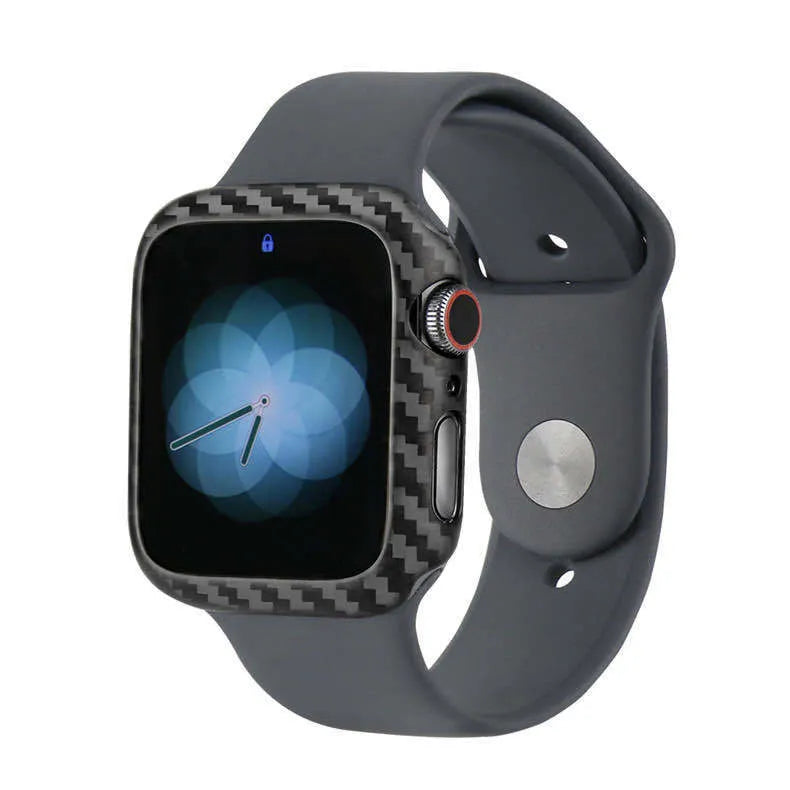 Apple Watch Series 4 carbon fibre half wrap leather case in bright black and matt black