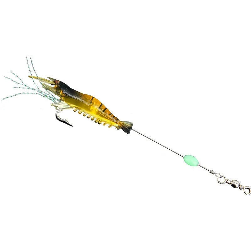 Six soft fishing lures with hooks in colours including black head yellow body, pink luminous, and red head yellow body.