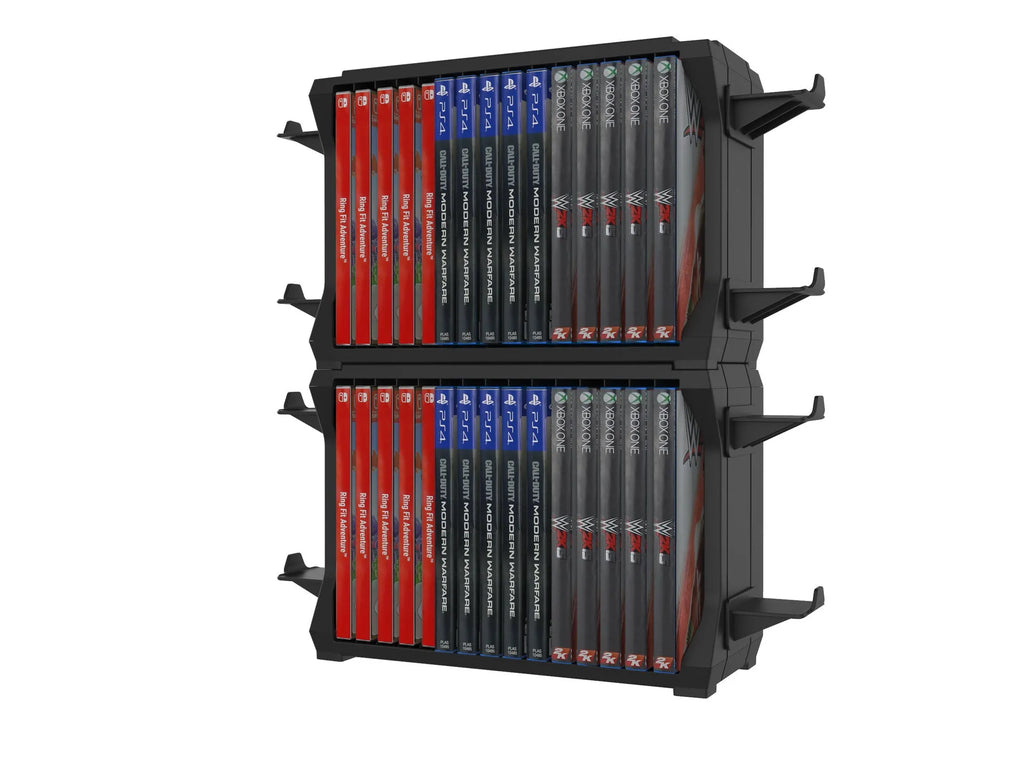 Black PS5 disc holder stand storing game cartridges and four controllers
