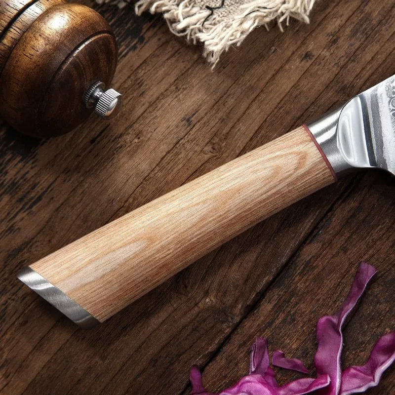 Damascus 12-piece kitchen knife set showing layered steel pattern on various blade sizes from 3.5-inch to 9-inch