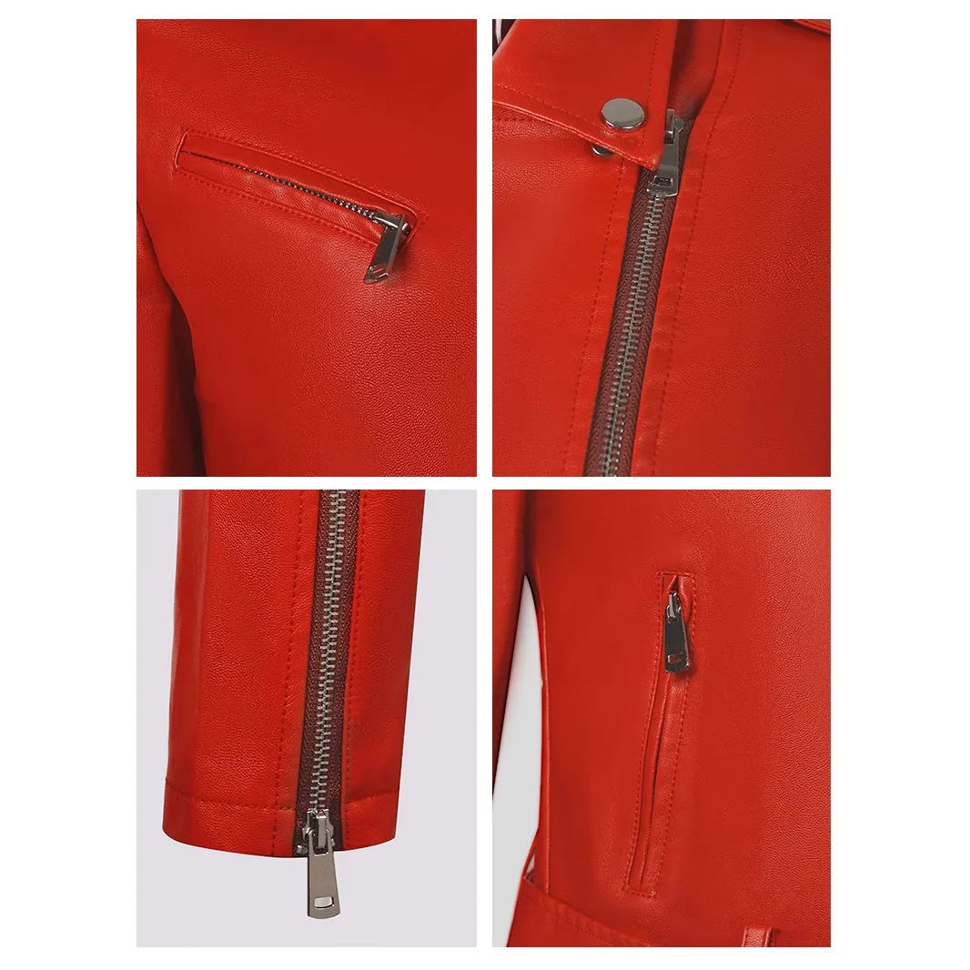 Women's black PU leather motorcycle jacket with lapel short belt, regular sleeves