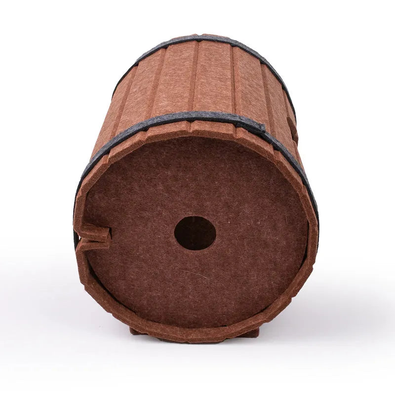 Assembled wine barrel pet bed made from three polyester fibre felt pieces for cats
