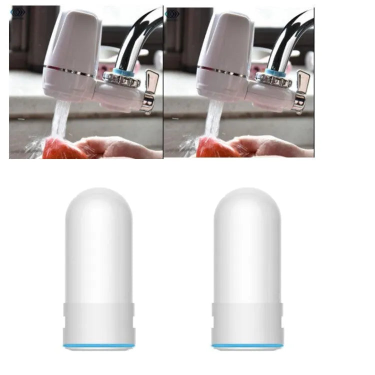 White plastic faucet water filter with adapter kit and ceramic cartridge for kitchen tap installation.