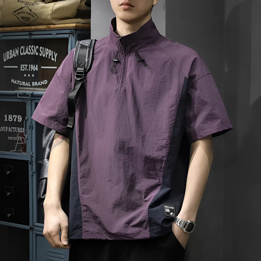 Men's brown half zipped stand collar shirt in Vinylon ice silk fabric