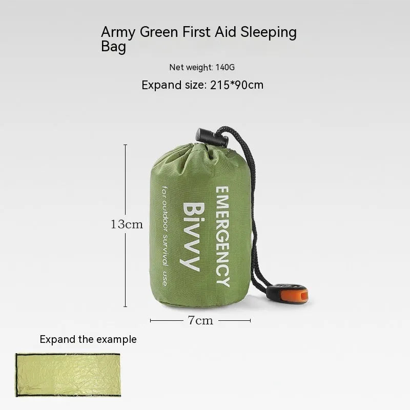Emergency disaster relief tent kit with orange sleeping bag and whistle survival gear