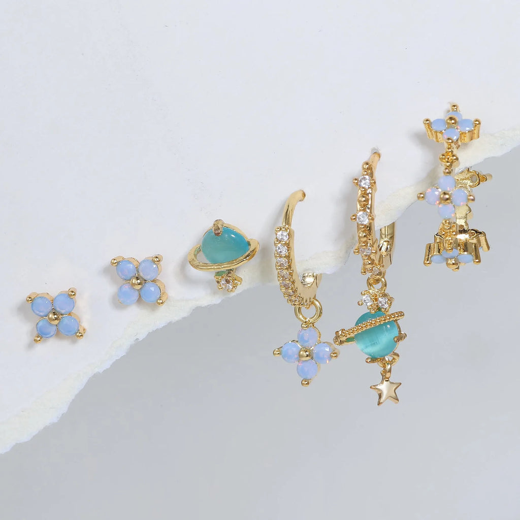 Flower-shaped ear studs with protein nail and zircon mosaic details in gold or silver Japanese Korean style