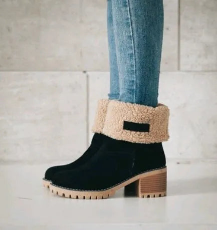 Women's mid-tube suede snow boots in green with a round toe and thick sole.