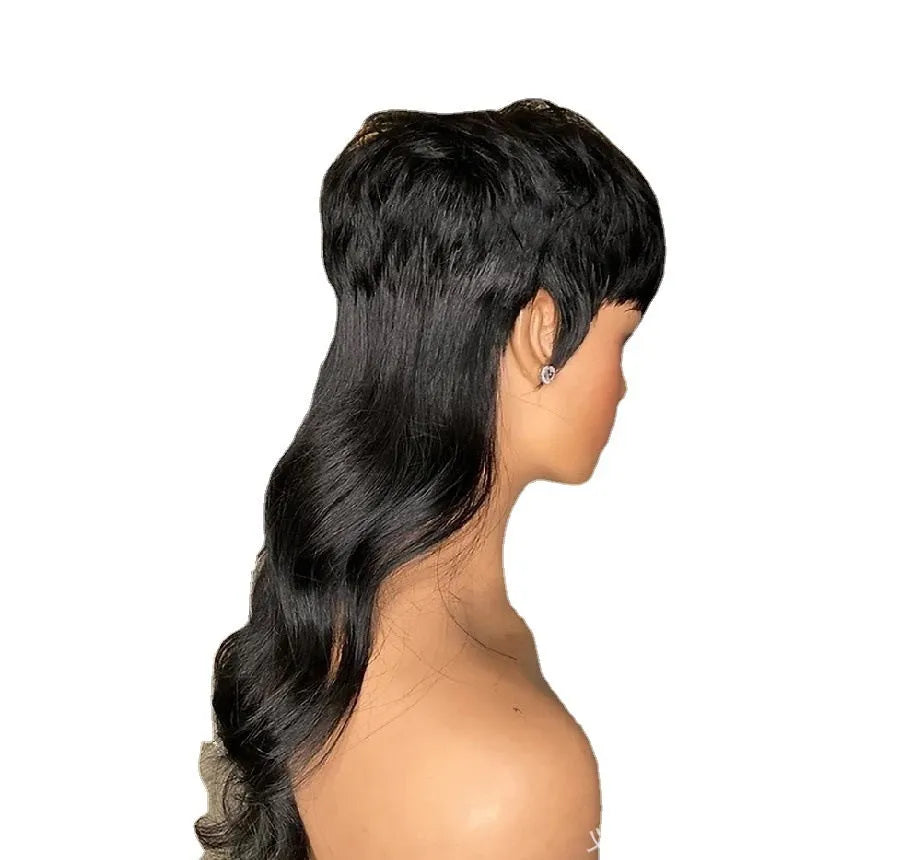 Black Brazilian synthetic wig with bangs and front short back long hairstyle