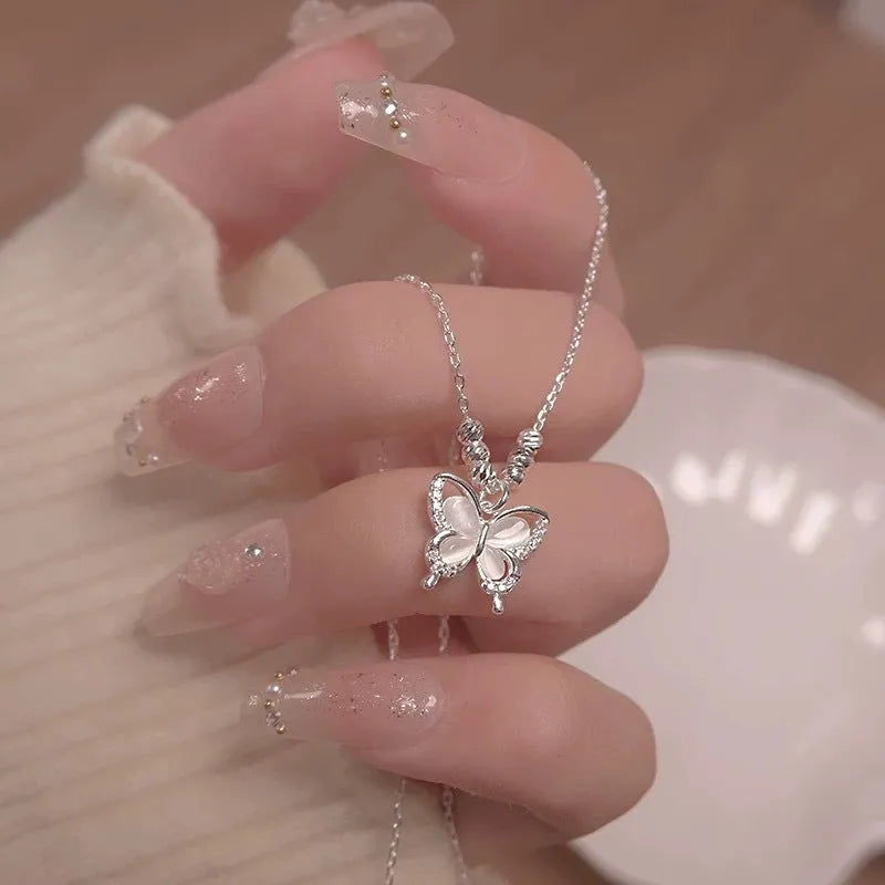 Women's adjustable 925 silver butterfly necklace with square opal pendant on cross chain