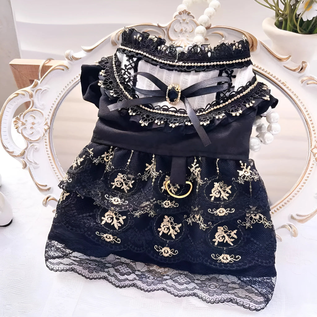 Golden gothic princess style skirt pet clothing for cats and dogs shown in multiple sizes