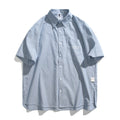 Blue and white striped loose-fit short-sleeved overalls shirt or cardigan for men and women
