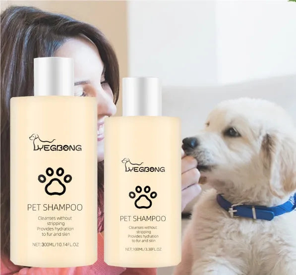Mild pet shampoo bottle for dogs in 100ml and 300ml sizes for gentle coat cleaning and tangle prevention