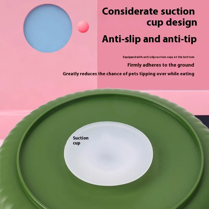 Interactive dog slow feeder bowl with rotating game board and textured silicone licking mat insert.