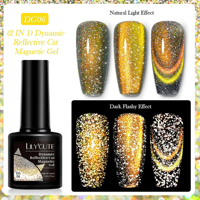 Cat eye series UV gel nail polish bottle with diamond glitter in one of six colour options.