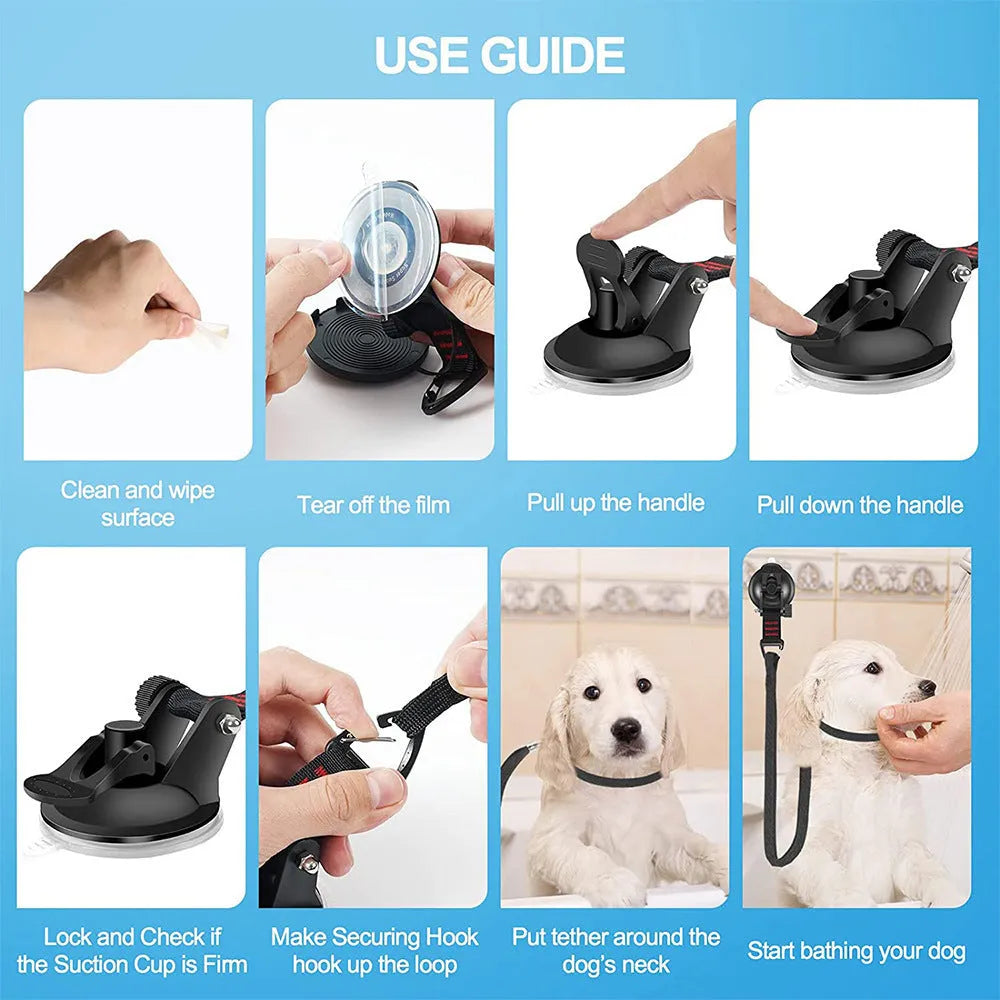 Pet bathing restraint set with suction cups, rope, and handcuffs in blue colour